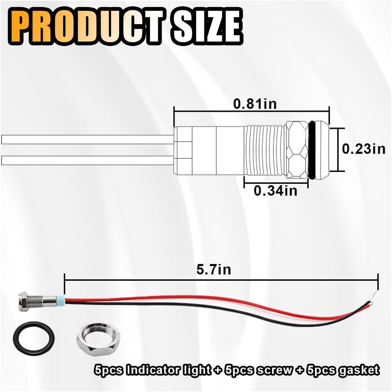 GLSOWEE 5PCS 6MM 1/4" LED Indicator Light, AC/DC 12-24V Waterproof IP66 Metal Signal Lamp, Metal Indicator with 145mm Wire, Automotive LED Indicator Light for Cars Trucks Boats (Red) - Image 2